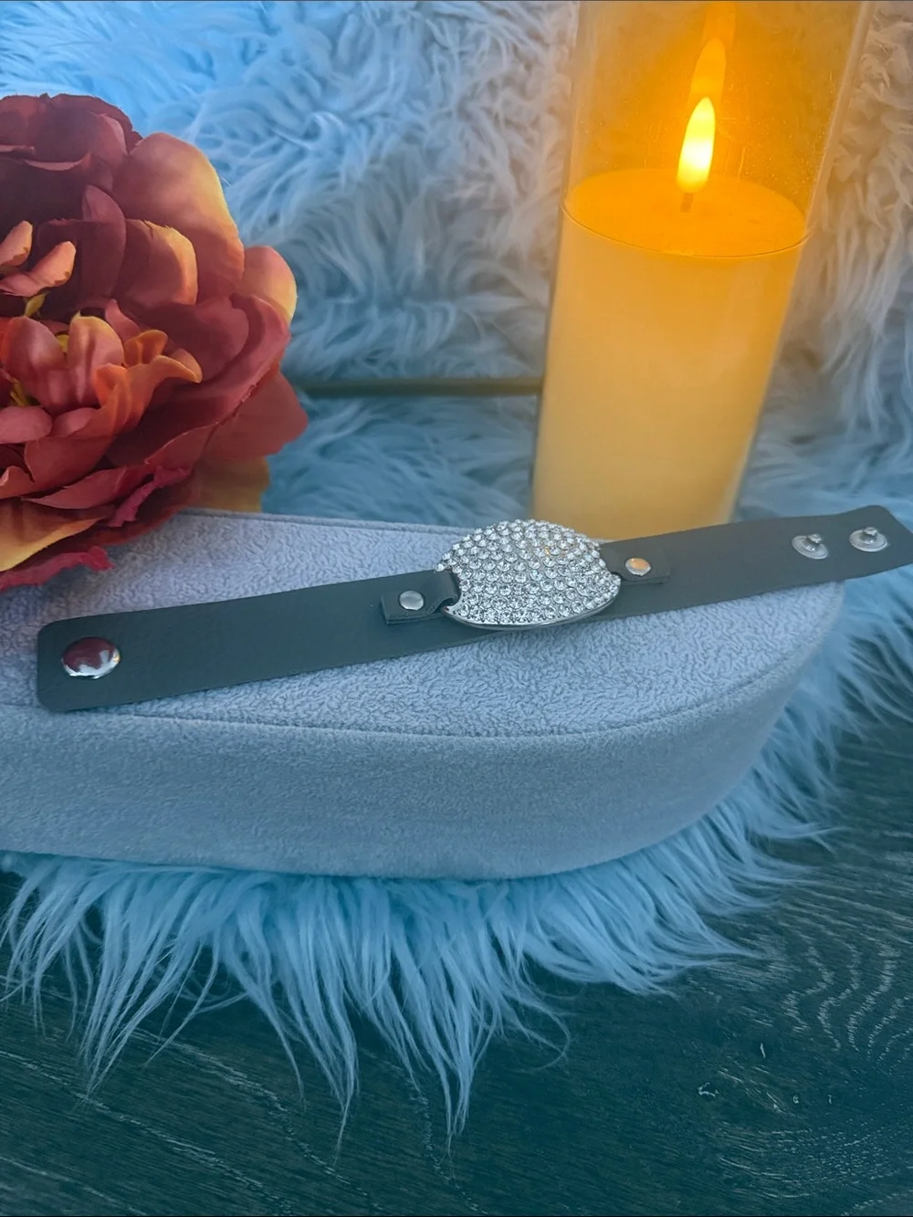 Black Leatherette Wristwatch Strap with Crystal Accent